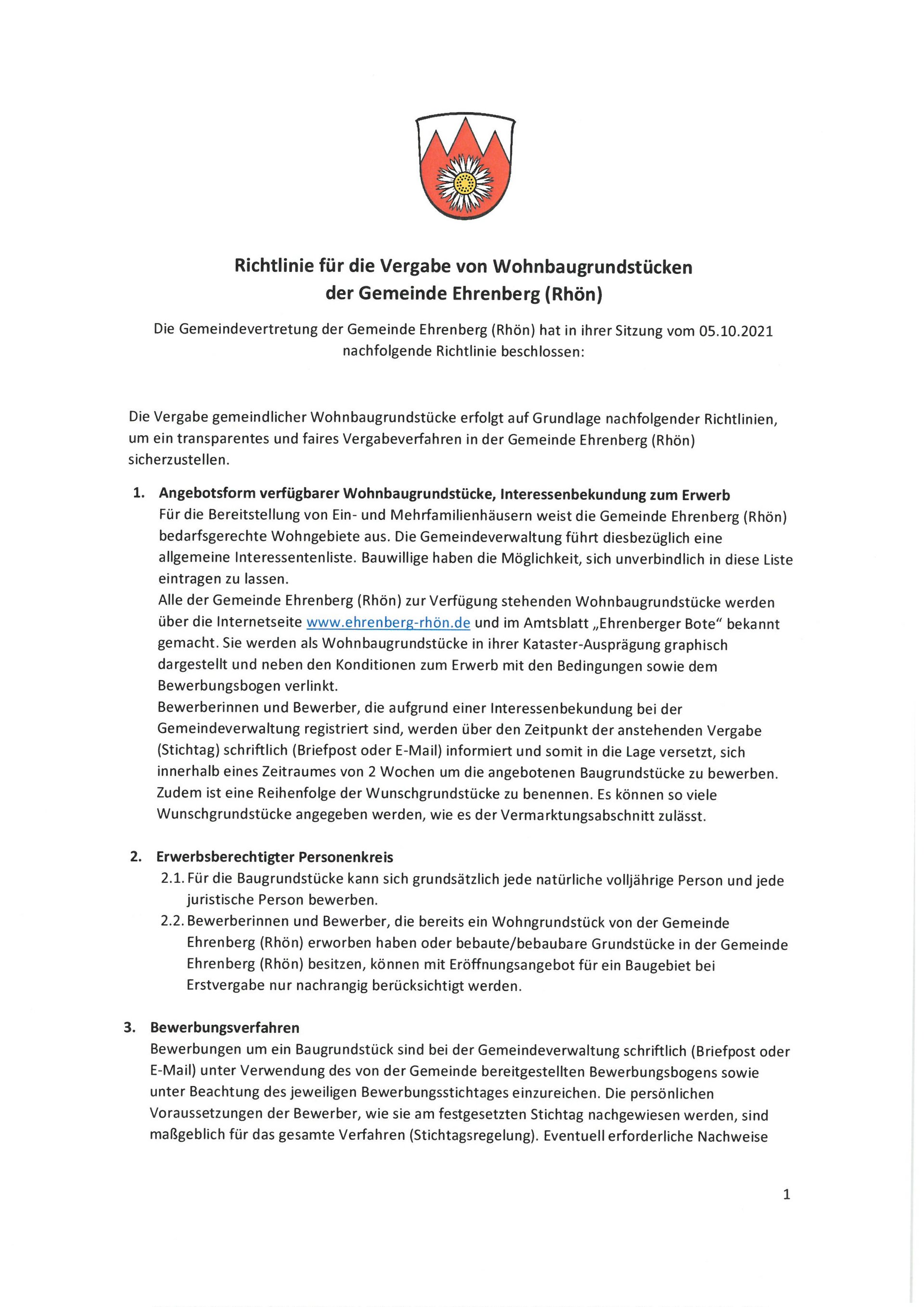 Richtlinie für die Vergabe von Wohnbaugrundstücken der Gemeinde Ehrenberg (Rhön)