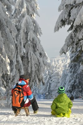 Kinder fahren Schlitten und Bob - ein Rießenspaß im Winter