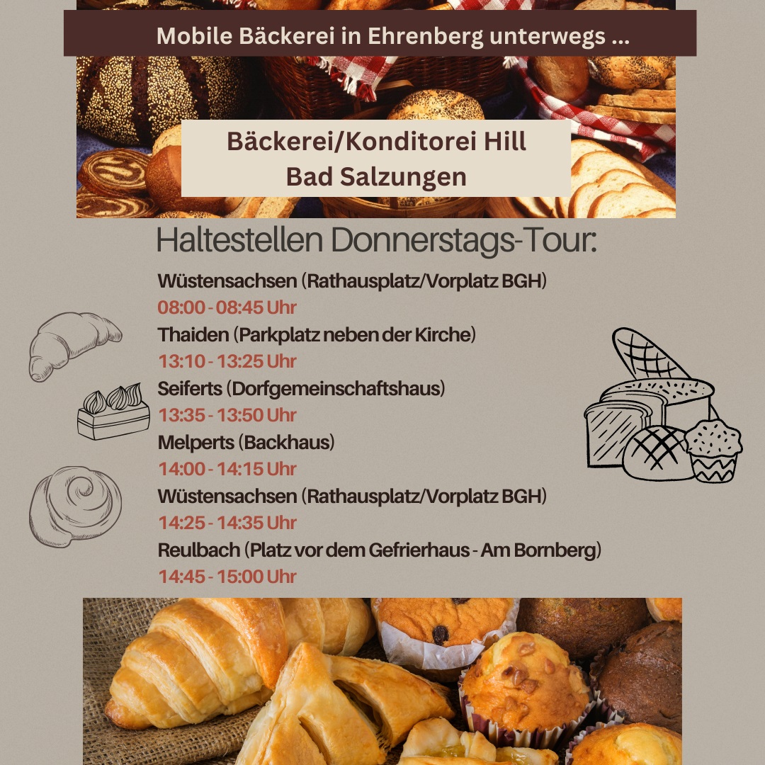 Standorte und Uhrzeiten des Bäckerautos in den Ehrenberger Dörfern