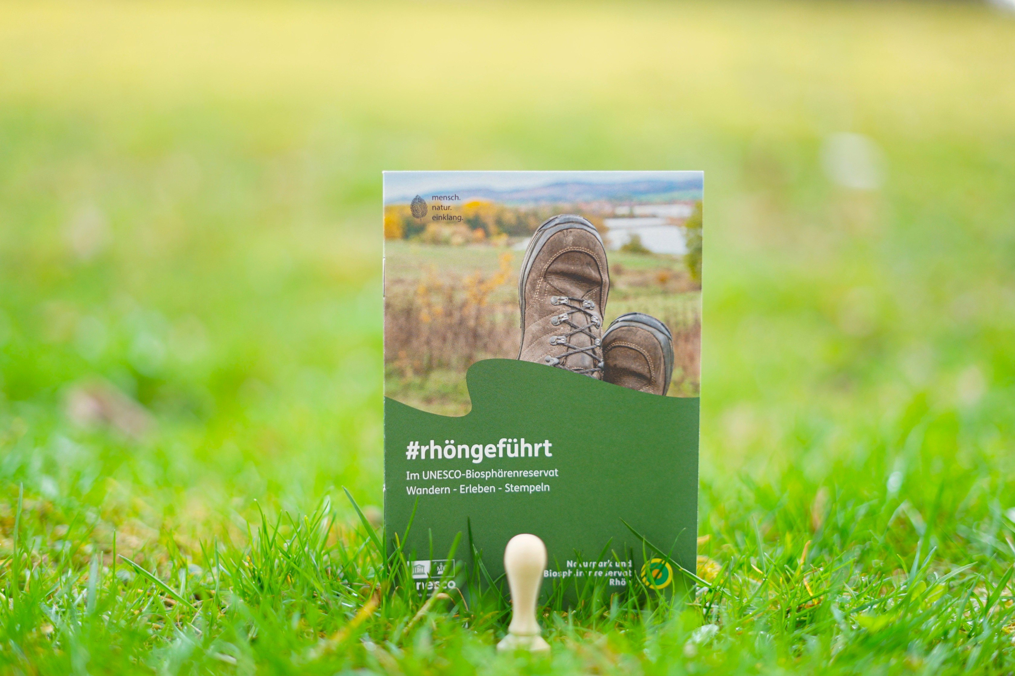 Das Stempelheft sowie ein Stempel wurden in einer Wiese fotografiert.