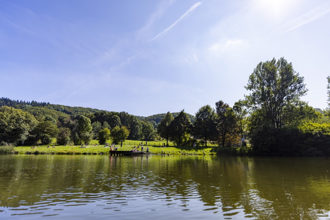Der Guckaisee mit herrlichem Sonnenschein, Badegäste liegen auf der Liegewiese.
