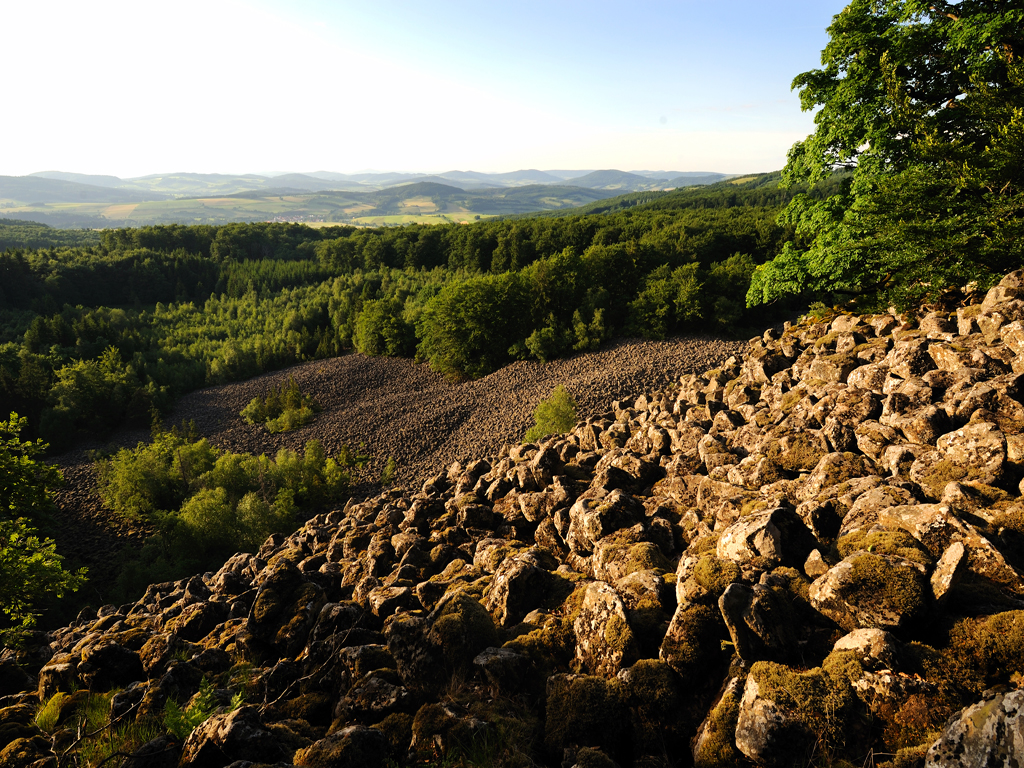 Blick über der große Basaltblockhalde am Schafstein in der Rhön.